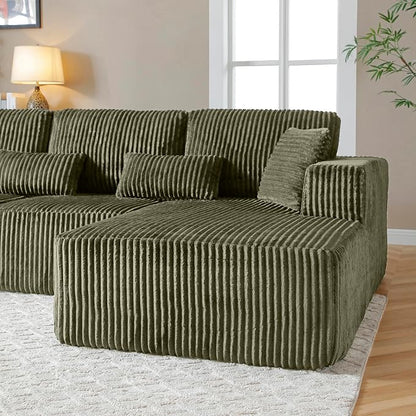 L Shaped Modular Boneless Sectional Couches for Living Room, Wide Armrest, Deep Seat, Memory Foam, Assembly Free, Modern Comfy Corduroy Fluffy Cloud Sofa with Right Chaise, Green