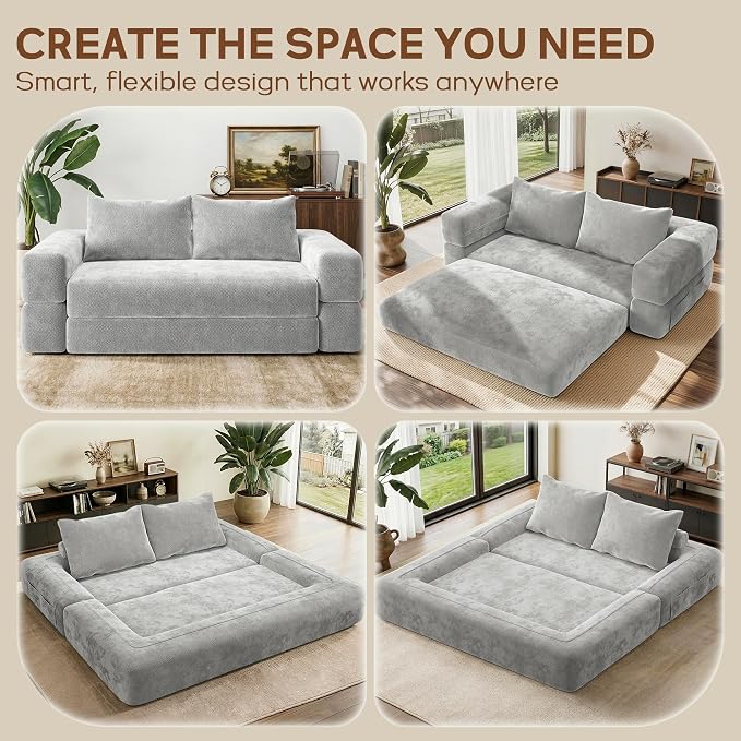 75'' Folding Convertible Sofa Bed with Large Pillow, 4-in-1 Foldable Pull Out Futon Sofa Bed, Chenille Boneless Mattress Couch, No Assembly Floor Sleeper Sofa Bed for Living Room/Bedroom, Cool Gray