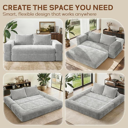 75'' Folding Convertible Sofa Bed with Large Pillow, 4-in-1 Foldable Pull Out Futon Sofa Bed, Chenille Boneless Mattress Couch, No Assembly Floor Sleeper Sofa Bed for Living Room/Bedroom, Cool Gray