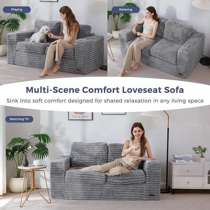 MAXYOYO Boneless Loveseat Sofa Couch for Adults, Floor Bean Bag Couch Sofa | Faux Fur Sofa with Armrests and Back Support, Plush Foam Filled Lounge Couch, Cozy Bean Bag Couch for Living Room, Apartment