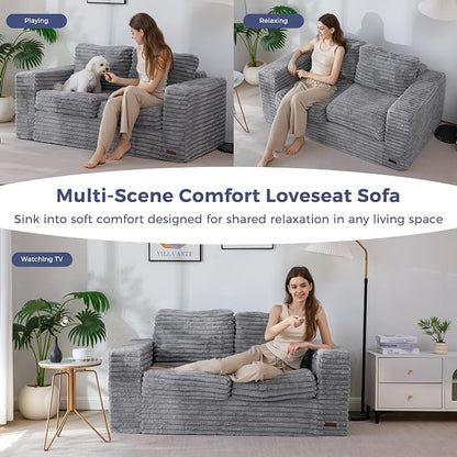 MAXYOYO Boneless Loveseat Sofa Couch for Adults, Floor Bean Bag Couch Sofa | Faux Fur Sofa with Armrests and Back Support, Plush Foam Filled Lounge Couch, Cozy Bean Bag Couch for Living Room, Apartment