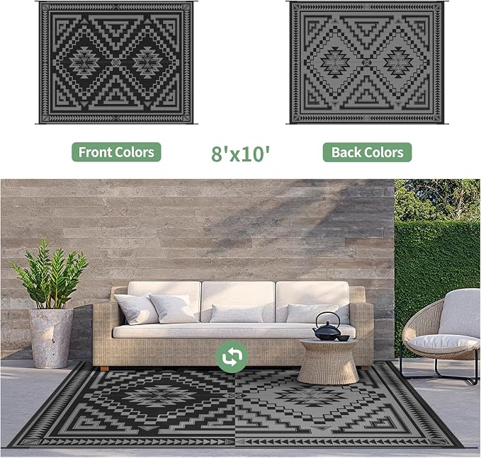 GENIMO Outdoor Rug for Patio Clearance - 8x10 ft Waterproof Plastic Camping Rugs, Reversible Outside Rv Mat Carpet for Porch, Deck, Picnic, Balcony, Beach, Backyard, Black Grey