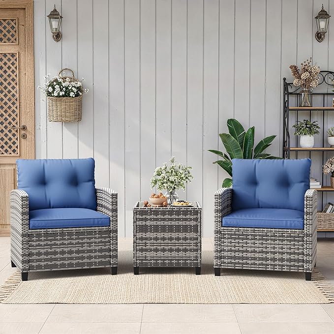 GarveeLife 3 Pieces Patio Furniture Set, PE Rattan Patio Conversation Set with Tempered Glass Tabletop, Outdoor Wicker Chairs and Table Set for Patio Balcony Garden, Grey & Blue
