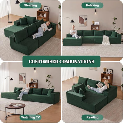Mangodan 140” Cloud Sectional Couch, Modular Sectional Sofa with Deep Seat, Boneless Sofa for Living Room, Fluffy Comfy L-Shaped Couch with Left Facing Chaise, No Assembly Required, Green
