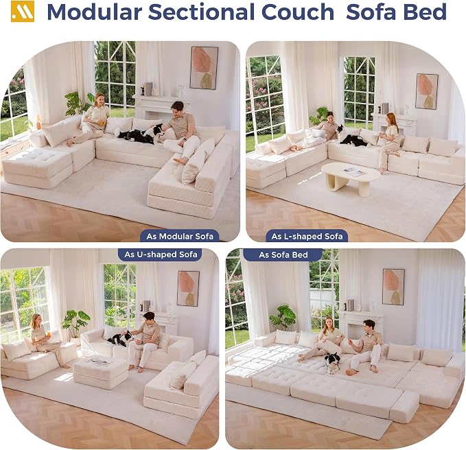 MAXYOYO Modular Sectional Sofa Couch, Foldable Oversized U Shaped Cloud Couch with Pillows, Tufted Boneless Lounger Floor Sofa Bed for Living Room, No Assembly Required, Beige