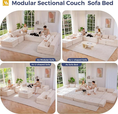 MAXYOYO Modular Sectional Sofa Couch, Foldable Oversized U Shaped Cloud Couch with Pillows, Tufted Boneless Lounger Floor Sofa Bed for Living Room, No Assembly Required, Beige