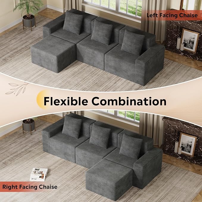 WLIVE 110'' Cloud Sectional Couches for Living Room, Modular Boneless Couch with Facing Chaise, L Shape Memory Foam Corduroy, with Ottoman, Grey