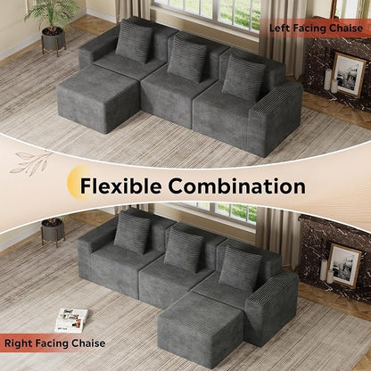 WLIVE 110'' Cloud Sectional Couches for Living Room, Modular Boneless Couch with Facing Chaise, L Shape Memory Foam Corduroy, with Ottoman, Grey