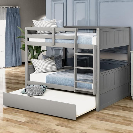 Merax Trundle Bunk Bed, Full Over Full Wood Bunk Bed with Twin Size Trundle, Guardrail and Ladder, Can be Separated into 2 Beds, Grey