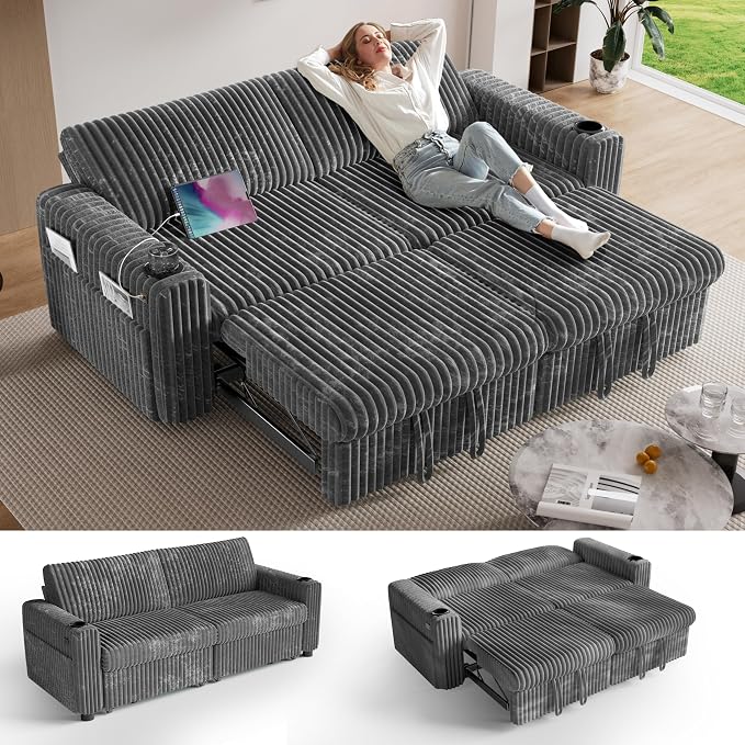 Sunny Heart 91" Plush Corduroy L Shaped Sectional Sleeper Sofa Bed with Pull Out Bed, Reclining Backrest, Reversible Storage Chaise, USB Ports, Cup Holders, Tool Free Assembly, Darke Grey