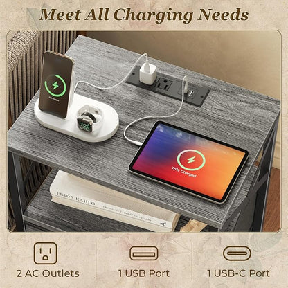 Huuger Nightstands Set of 2, Night Stand with Charger Station, 2 Drawer Side Table with Open Shelf, USB-C Port, End Table for Small Spaces, X Shaped Side Rail, Grey