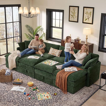 Ihanherry 135” Oversized Sectional Sofa Bed with Storage, 8-Seater Modular Cloud Couch with Movable Ottomans, Chenille Deep Seat Sleeper Couches for Living Room (Green)