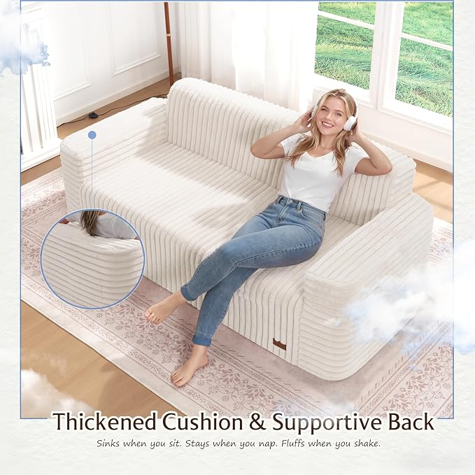 ZurNesfure Sofa Couch Cloud 3-Seater Memory Foam Couch with Pillow No Assembly Required, Modern Couch with Removable Washable Cover Boneless Sofas for Living Room Bedroom Apartment (White,3-Seater)