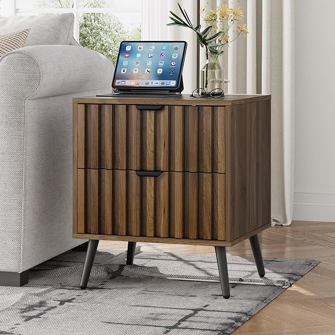 Smuxee Walnut Wooden Night Stand, Mid Century Nightstand with 2 Fluted Drawers, Bedside Table with Open Shelf, Modern End Side Table for Bedroom