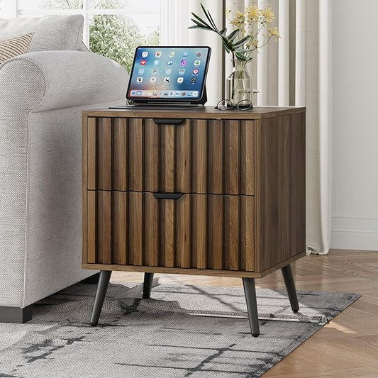 Smuxee Walnut Wooden Night Stand, Mid Century Nightstand with 2 Fluted Drawers, Bedside Table with Open Shelf, Modern End Side Table for Bedroom