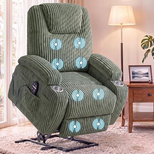Flamaker Power Lift Chair Massage Recliner Chairs for Elderly, Corduroy Ergonomic Design with Cup Holders & Side Pockets, Remote Control (Green)
