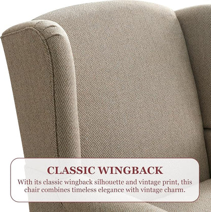 HUIMO Printed Wingback Accent Chair, Linen Upholstered High Back Armchair, Comfy Reading Chair for Living Room Bedroom Study, 300lbs Weight Capacity (1, Brown with Lines)