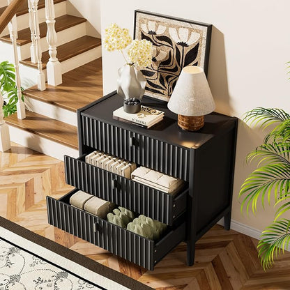Furniway 31.5" Wide Black 3 Drawer Nightstand, Modern Fluted Bedside Table with Metal Handles, Large Storage End Table for Bedroom