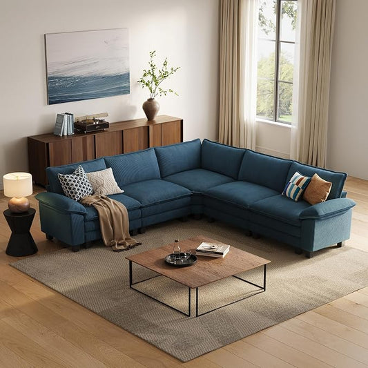 LINSY HOME Modular Sectional Sofa 5 Seat Couch Corduroy Cloud Couch with Deep Seat, Modern V-Shaped Cloud Couch for Living Room, Office, Bedroom, Blue