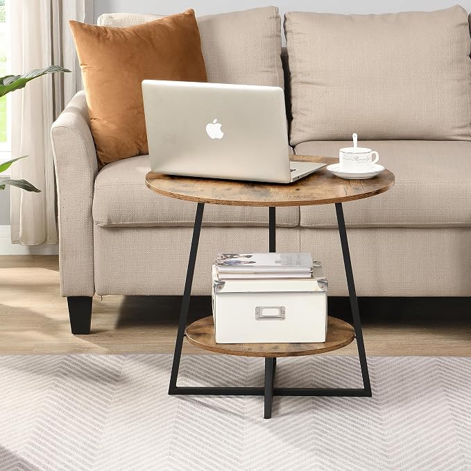 D&H FURNIMMT Round End Table Set of 2, 20" Industrial 2-Tier Side Table, Metal Frame Nightstand Accent Table for Living Room Bedroom Small Spaces, Rustic Brown & Black