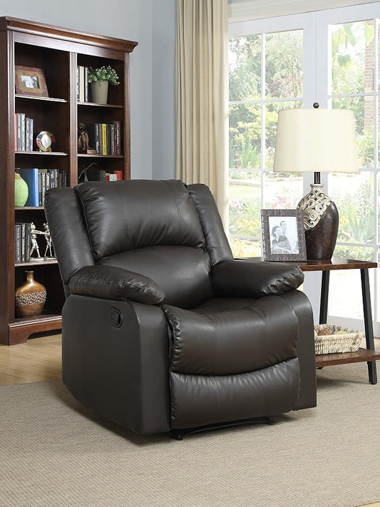 Warren 35.5" Manual Pull-Handle Recliner, Traditional Overstuffed, Pocket Coil Comfort, Black Metal Base Legs, Soft Vegan Leather Fabric, Java
