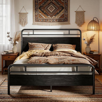 SHA CERLIN King Size Bed Frame with Vintage Industrial Wood Headboard, Heavy Duty Metal Platform with 12" Under-Bed Storage, Mattress Foundation, No Box Spring Needed, Noise-Free, Easy Assembly, Black