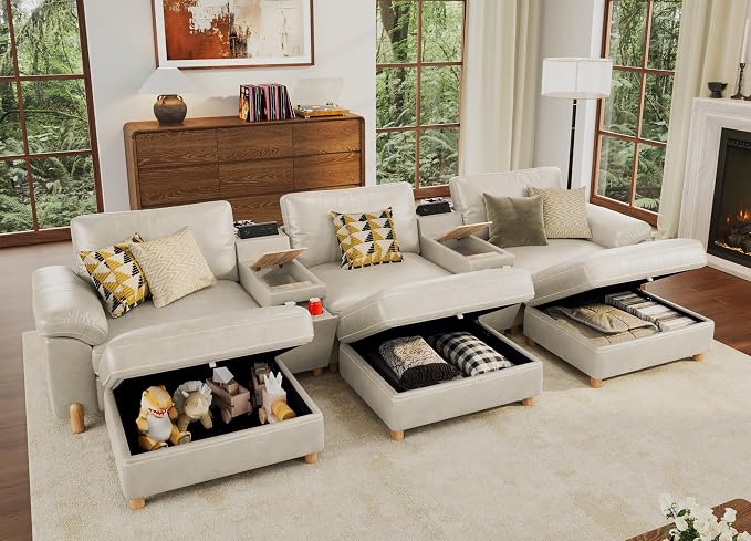 SITJOY Large Cloud Couch, 146" Wide 3 Seater Sofa Bed with Console, White | Pet-Friendly Scratch-Resistant Leather Sectional Sofas for Living Room, Deep Seat Wide Couch with Chaise, Storage Ottoman