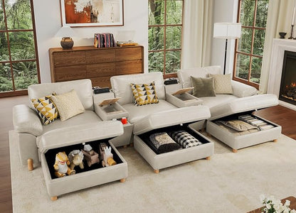 SITJOY Large Cloud Couch, 146" Wide 3 Seater Sofa Bed with Console, White | Pet-Friendly Scratch-Resistant Leather Sectional Sofas for Living Room, Deep Seat Wide Couch with Chaise, Storage Ottoman