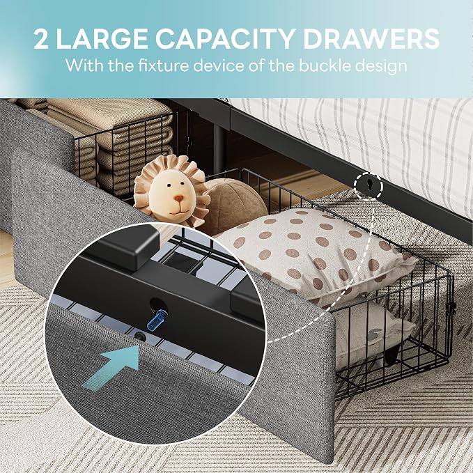 LIKIMIO Twin Bed Frame with 2 Storage Drawers, Charging Station & LED Lights, Upholstered Platform Twin Bed with Storage Headboard, Strong Wooden Slats, No Box Spring Needed, Easy Assembly, Grey
