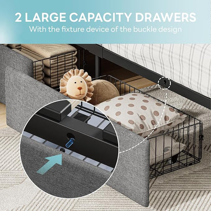 LIKIMIO Twin Bed Frame with 2 Storage Drawers, Charging Station & LED Lights, Upholstered Platform Twin Bed with Storage Headboard, Strong Wooden Slats, No Box Spring Needed, Easy Assembly, Grey