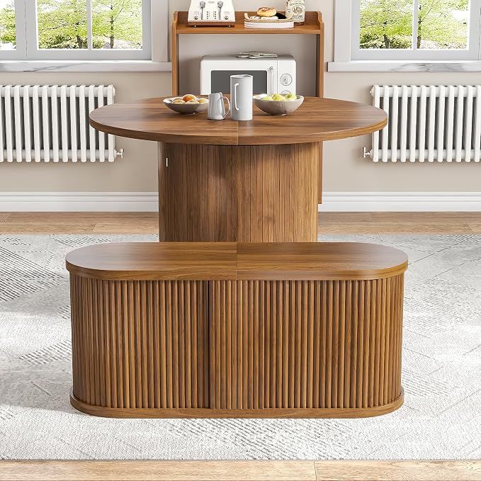 43-95 Inch Oval Extendable Dining Table Set for 4-10, Fluted Space Saving Long Round Kitchen Table with Bench, 3 Leaf, 2 Storage, Mid Century Modern Dining Room Dinner Table for Living Room, Walnut