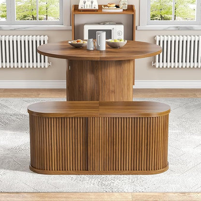 43-95 Inch Oval Extendable Dining Table Set for 4-10, Fluted Space Saving Long Round Kitchen Table with Bench, 3 Leaf, 2 Storage, Mid Century Modern Dining Room Dinner Table for Living Room, Walnut