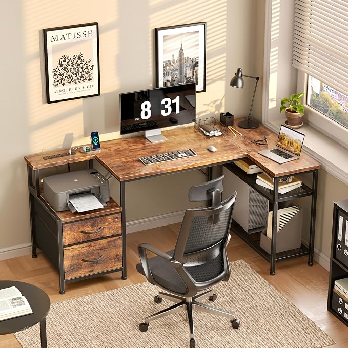 Korfile 49 Inch L Shaped Gaming Desk with Power Outlets and Type-C Port, Reversible Computer Office Desk with 2 Fabric Drawers & Mesh Shelves, Corner Desk for Study Work Writing Desk,Rustic Brown