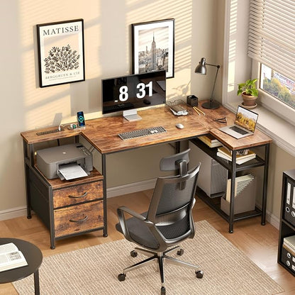 Korfile 49 Inch L Shaped Gaming Desk with Power Outlets and Type-C Port, Reversible Computer Office Desk with 2 Fabric Drawers & Mesh Shelves, Corner Desk for Study Work Writing Desk,Rustic Brown