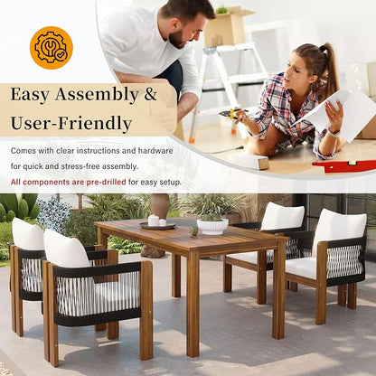 Quarte Luxury 4-Person Outdoor Dining Set: Solid Acacia Wood Table with Rope-Woven Chairs & Comfy Cushions for Patio, Garden, Poolside or Deck (Black,Brown-R)