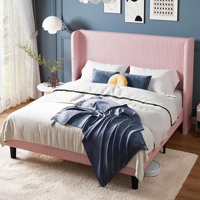 Allewie Full Size Bed Frame with Upholstered Wingback Headboard, Vertical Channel Tufted Corduroy Velvet Platform Bed, Strong Wooden Slats Support, No Box Spring Needed, Easy Assembly, Light Pink