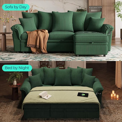 LINSY HOME 90.5'' Sectional Sleeper Sofa with Pull Out Couch Bed Modular (Green, 90.5'') | USB Charging