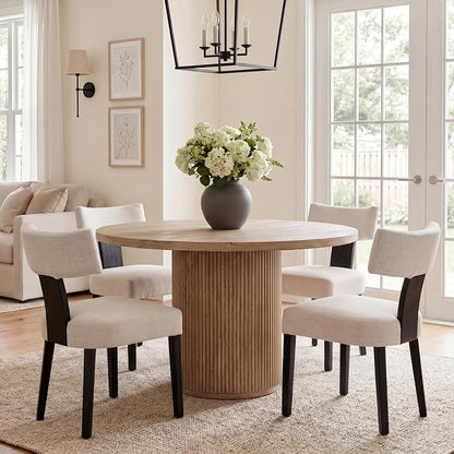 HNY Mid Century Modern Farmhouse Dining Chairs Set of 4, Linen Upholstered Accent Chair Curved Backrest Kitchen Chairs, with Black Hardwood Frame, Beige