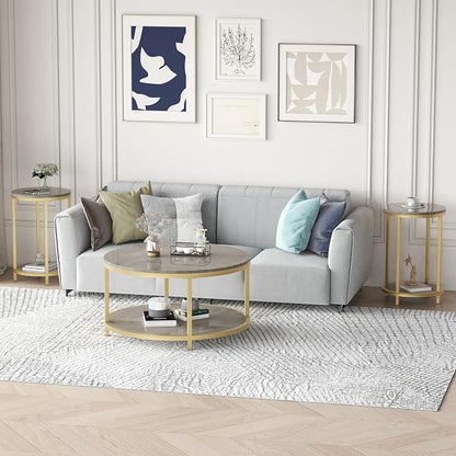 WiberWi Round Side Table Set of 2, Modern Nightstand End Table with Gold Metal Frame &Faux Marble Top, Accent Bedside Table for Living Room Bedroom Small Spaces with Storage Open Shelf, Grey