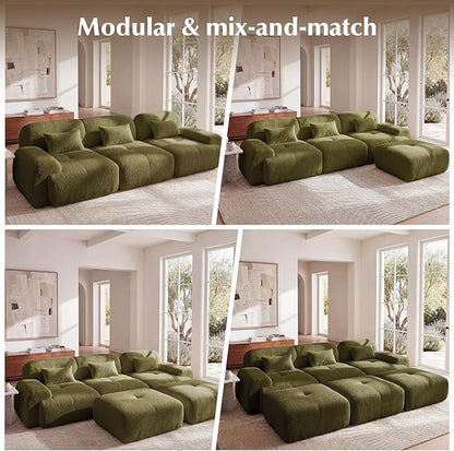 118'' Modular Sectional Cloud Couch Boneless Couches, Oversize Curved Sectional Couches for Living Room, Deep Seat Couch Lambswool Sofa with Ottoman & Throw Pillows, No Assembly, HR Foam