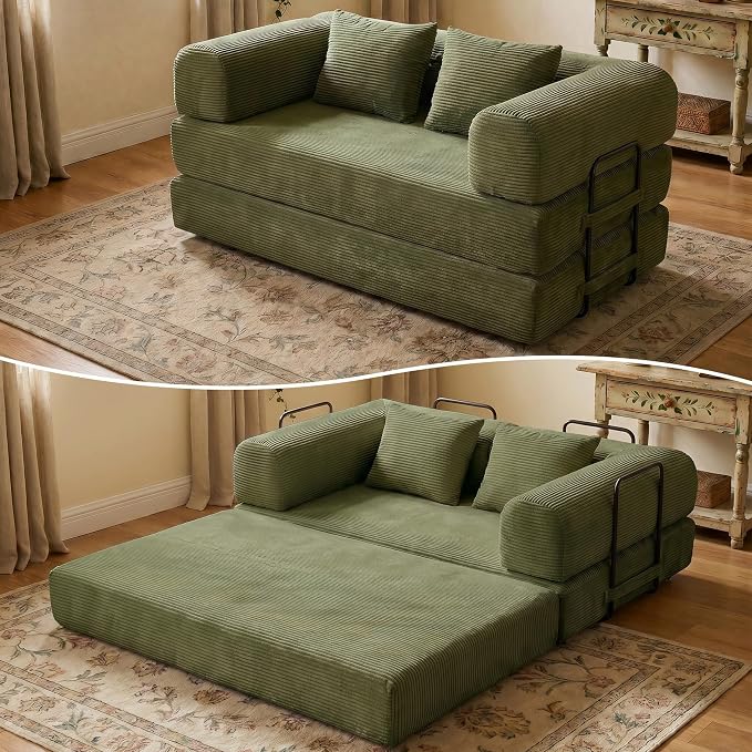 ZEIINPA 59“ Convertible Floor Sofa Bed, 5-in-1 Futon Sofa Bed Pull Out Sleeper Couch, Modern Corduroy Compressed Loveseat, Modular Boneless Couches for Living Room, No Assembly Required, Green