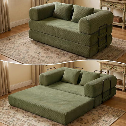 ZEIINPA 59“ Convertible Floor Sofa Bed, 5-in-1 Futon Sofa Bed Pull Out Sleeper Couch, Modern Corduroy Compressed Loveseat, Modular Boneless Couches for Living Room, No Assembly Required, Green