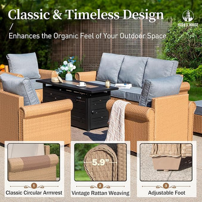 HERA'S HOUSE Patio Furniture Set, 4 x Cushioned Chairs, 3-Seat Sofa with Wood Grain Coffee Table, 5 Seats Luxury Windsor Style All Weahter Outdoor Sofa Conversation Set for Deck Lawn Backyard