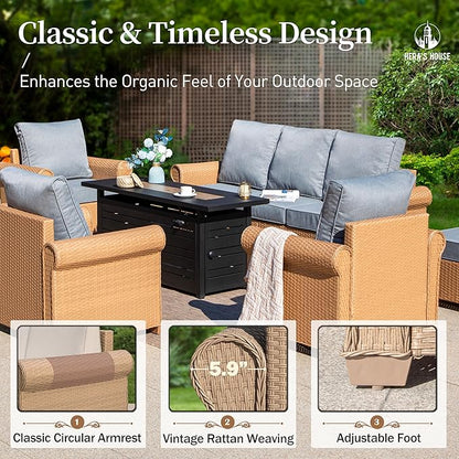 HERA'S HOUSE Patio Furniture Set, 4 x Cushioned Chairs, 3-Seat Sofa with Wood Grain Coffee Table, 5 Seats Luxury Windsor Style All Weahter Outdoor Sofa Conversation Set for Deck Lawn Backyard