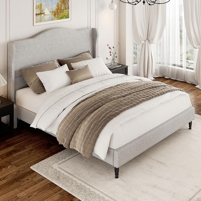 Queen Bed Frame with 50.4" Tall Wingback Headboard, Upholstered Platform Bed with Wood Slats, 1000 lbs Capacity, No Box Spring Needed, Easy Assembly, Beige