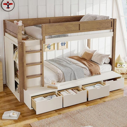 Bellemave Twin Over Twin Bunk Bed with Storage Drawers,Solid Wood Bunk Bed with Built-in Wardrobe,Storage Shelf and Safety Guardrails for Kids Girls Boys,Beige & Natural