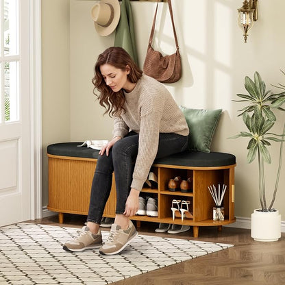 DHH 2-Tier Storage Bench,Wide Shoe Bench with Thickened Padded Seat Cushion, Mid Century Modern Fluted Sliding Door and Adjustable Shelf, for Entryway, Living Room, Bedroom (Yellow Walnut, 51.2”)