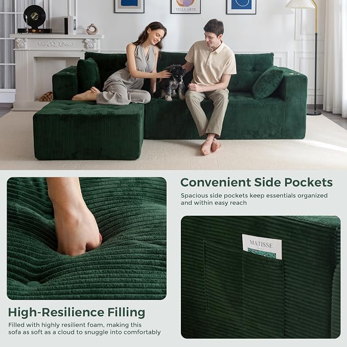 MAXYOYO Modular Sectional Sofa Couch, L Shaped Modern Cloud Couch with Ottoman, Sofa in A Box, Tufted 4-Seat Boneless Sleeper Chair for Living Room, No Assembly Required, Green