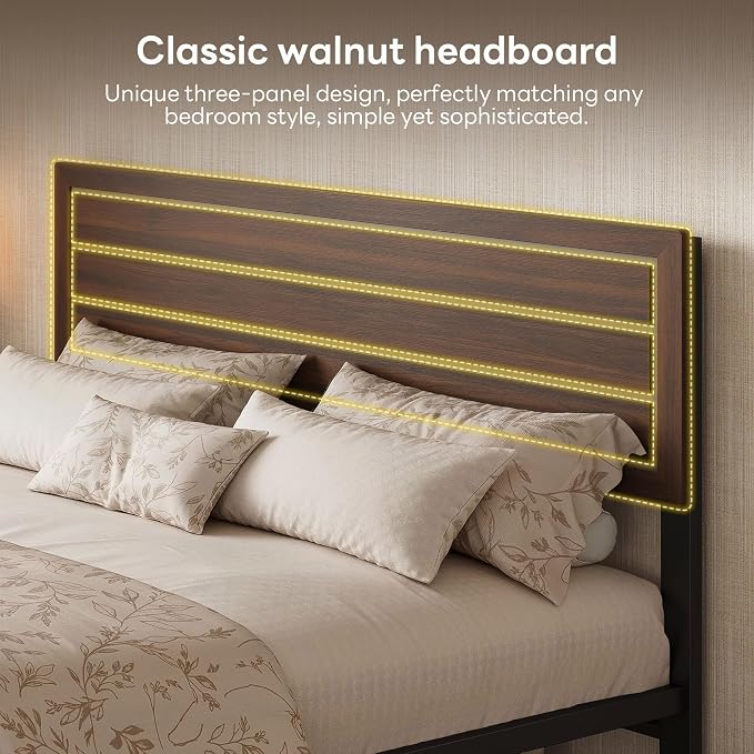LIKIMIO Queen Bed Frame with Headboard, Mid-Century Modern Queen Platform Bed, Heavy Duty Silent Metal Slats, No Box Spring Needed, Noise-Free, Dark Walnut