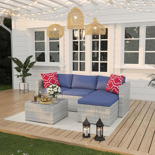 Patio Furniture Set 4 Pieces, Outdoor Patio Furniture Set with Rattan Wicker Chairs, Glass Table and Cushions for Porch, Balcony, Backyard, Garden, Poolside, Brown & Red (Grey+Blue, 5 Pieces)